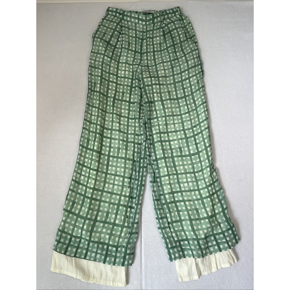 MON RENN Womens Green Plaid Viscose Dress Pants Size M Wide Leg Layered Hem